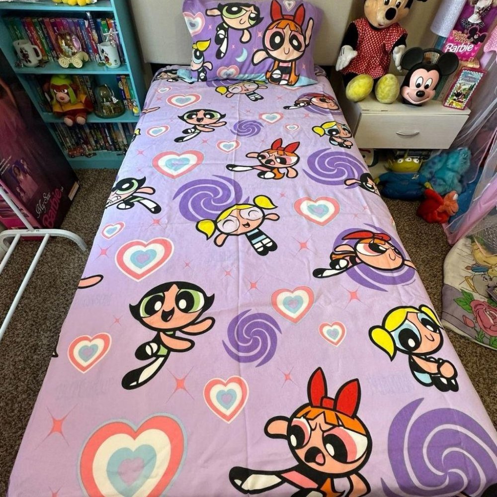 FULL SIZE POWERPUFF GIRLS FLAT SHEET AND PILLOW CASE‎